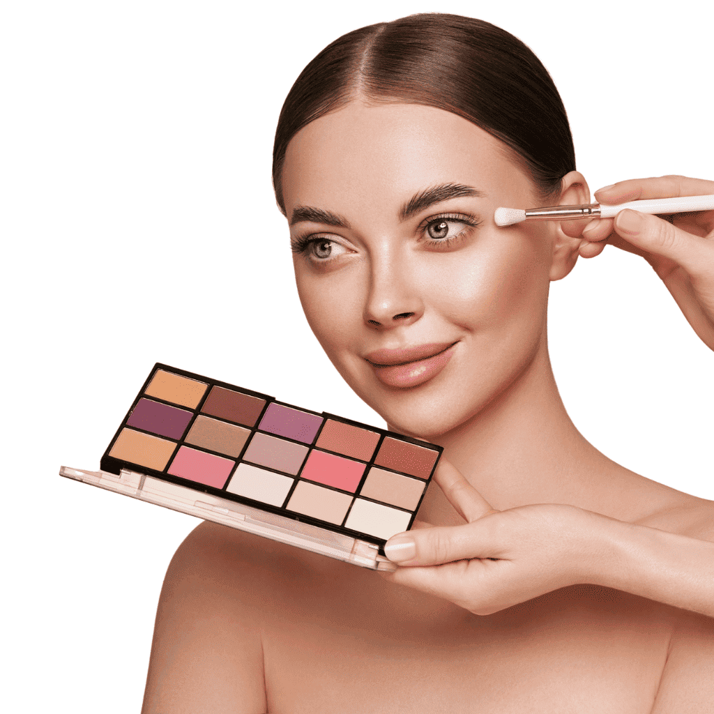 woman holding eyeshadow palette eye makeup beauty products