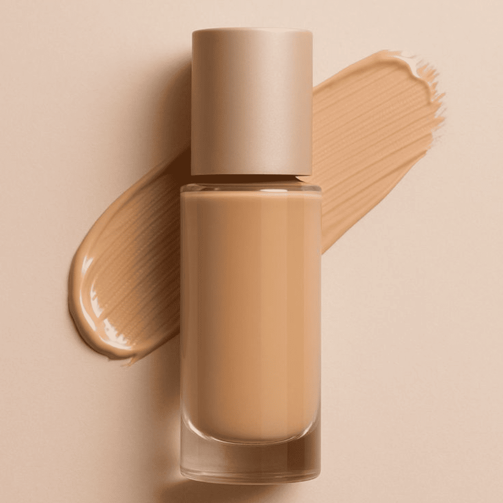 liquid foundation bottle with foundation swatch on beige background